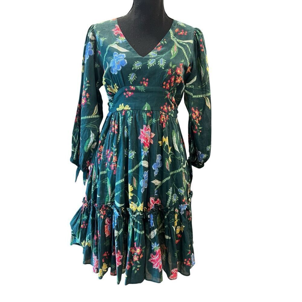 CARA CARA Millbrook Tie-Waist green Floral Dress Size XS ruffles lightweight